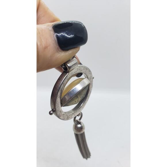 Vintage Abalone Mother of Pearl Reversible Pendant Necklace Silver Tone Tassel - Picture 9 of 10